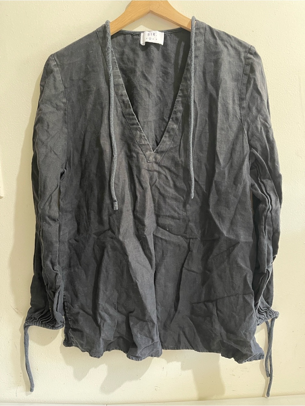 SIR Black Washed V-Neck Tie Front Long-Sleeve Blouse